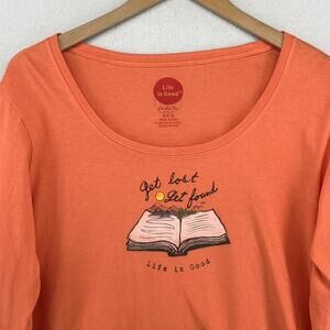 LIFE IS GOOD Shirt Womens L Get Lost Get Found Book Crusher Tee Cotton Orange
